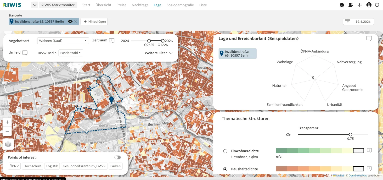 Screenshot der Lageansicht mit Erreichbarkeit und thematischen Strukturen